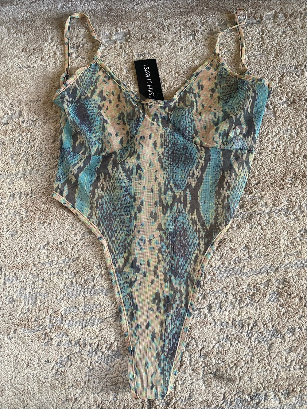 I saw it First NWT Snake Skin Print Bodysuit Top One Piece Sheer Thong Back: 10